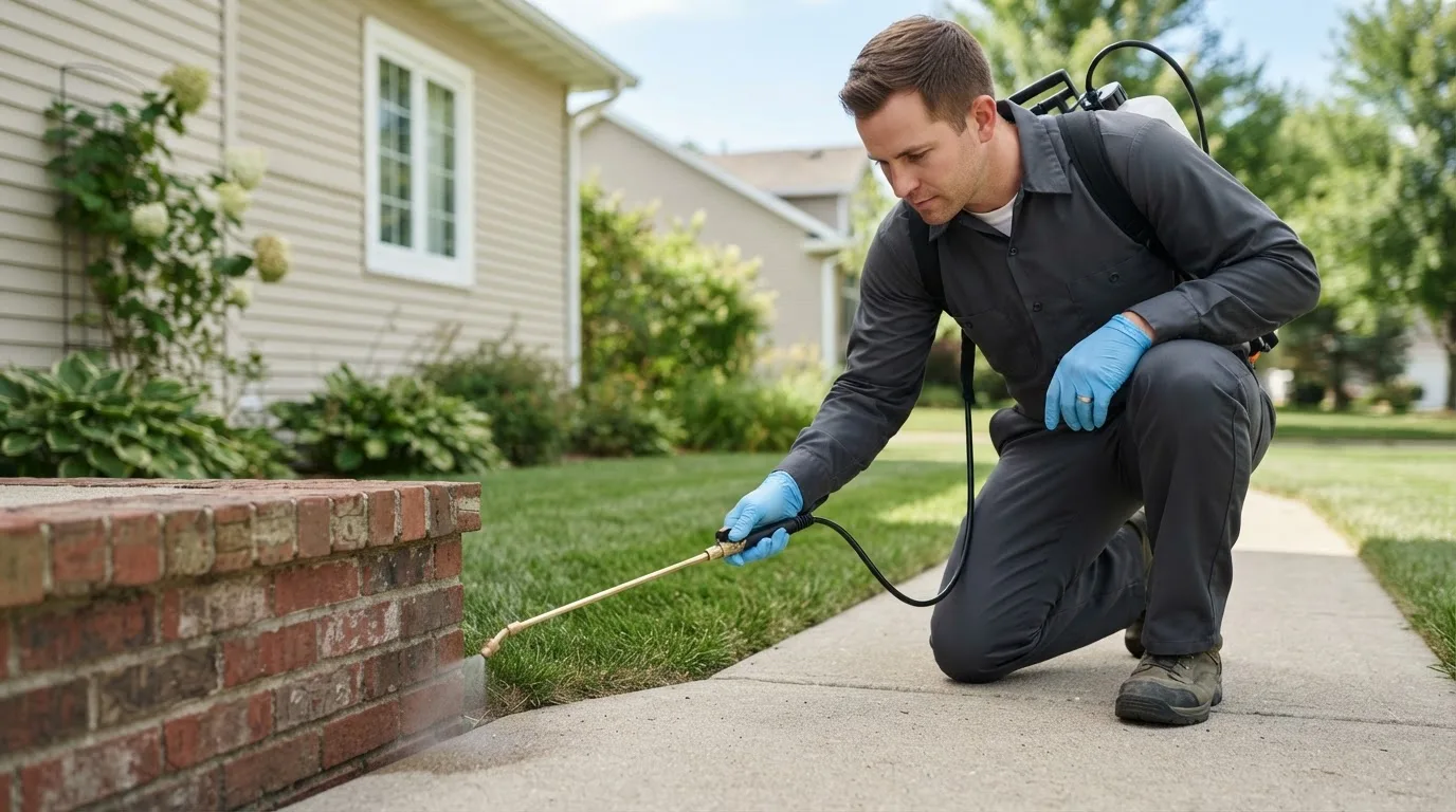 Pest control technician treating a home near Allenton, WI