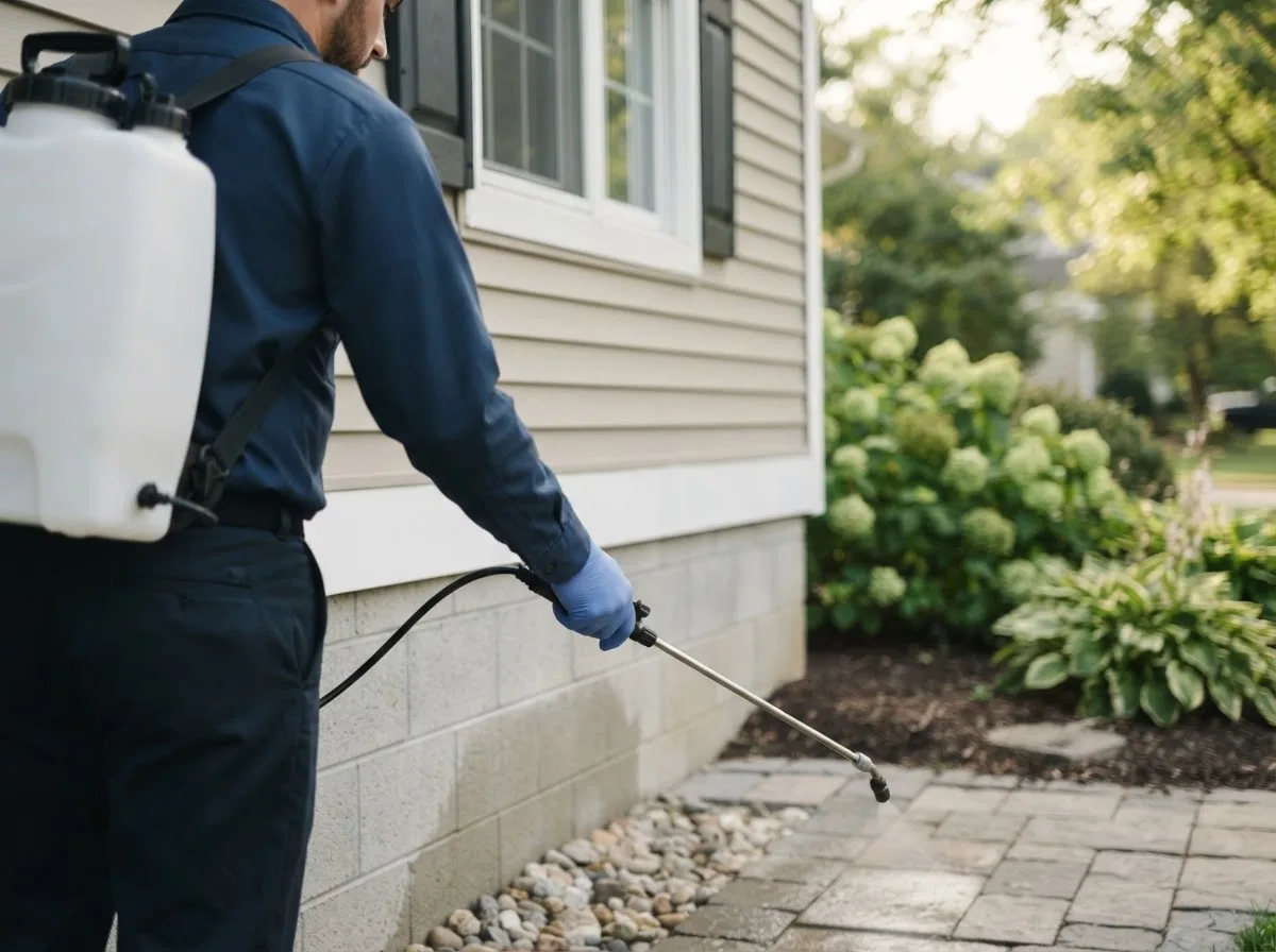 Pest control technician inspecting a home in Allenton, WI